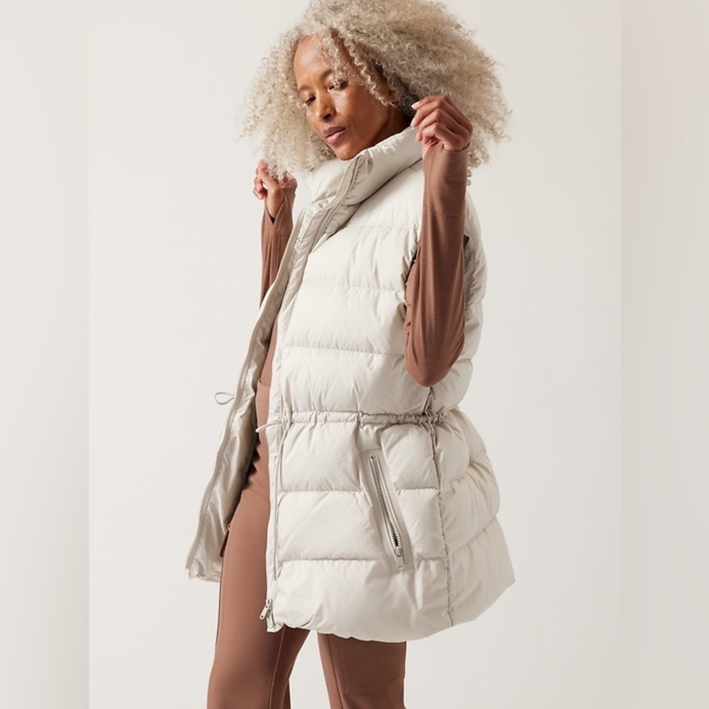 Athleta Cascade Oversized 3/4 Length Down Vest in Abalone Beige